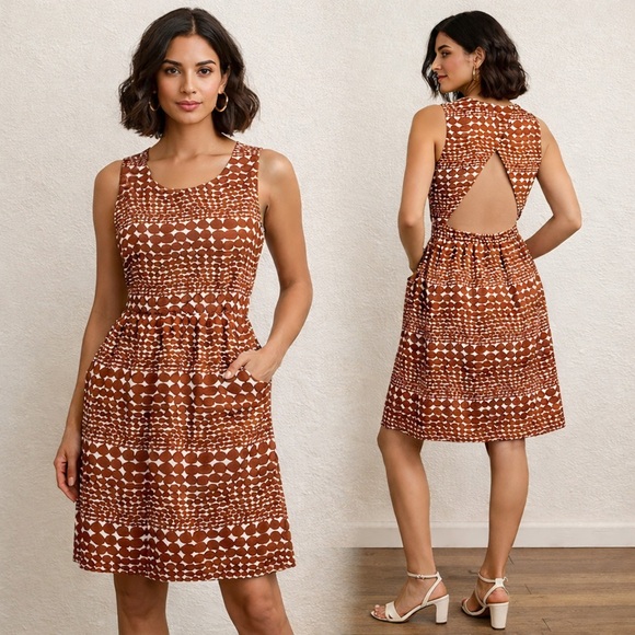 Anthropologie Dresses & Skirts - WHIT Anthropologie Geometric Open Back Cotton‎ Poplin Midi Dress Small